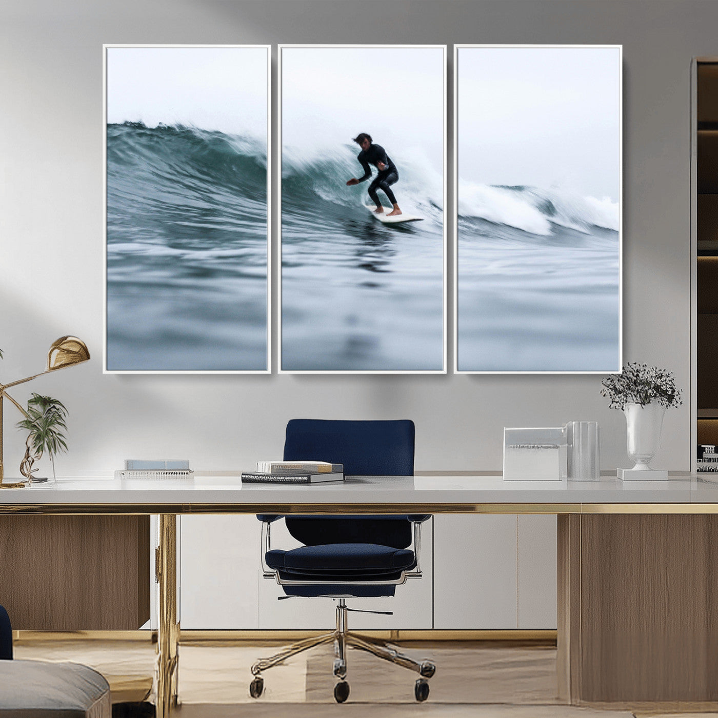11693607-MGV-FC-48X32-3P_White-Surfer on Wave Wall Art Canvas Print, Framed Ocean Adventure Art Picture Print, Motion Blur Water Perfect Coastal Adventure Decor