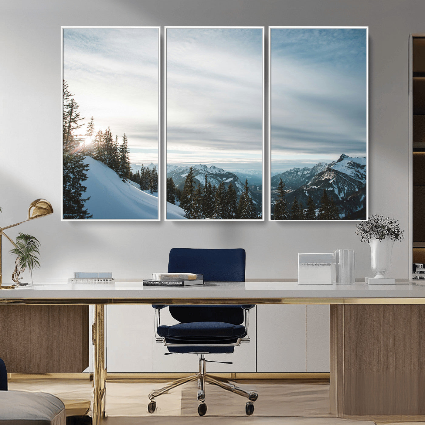 55564749-MGV-FC-48X32-3P_White-Snowy Mountains Wall Art Canvas Print, Framed Alpine Landscape Art Picture Print, Frosty Peaks Perfect Nordic Minimalist Decor