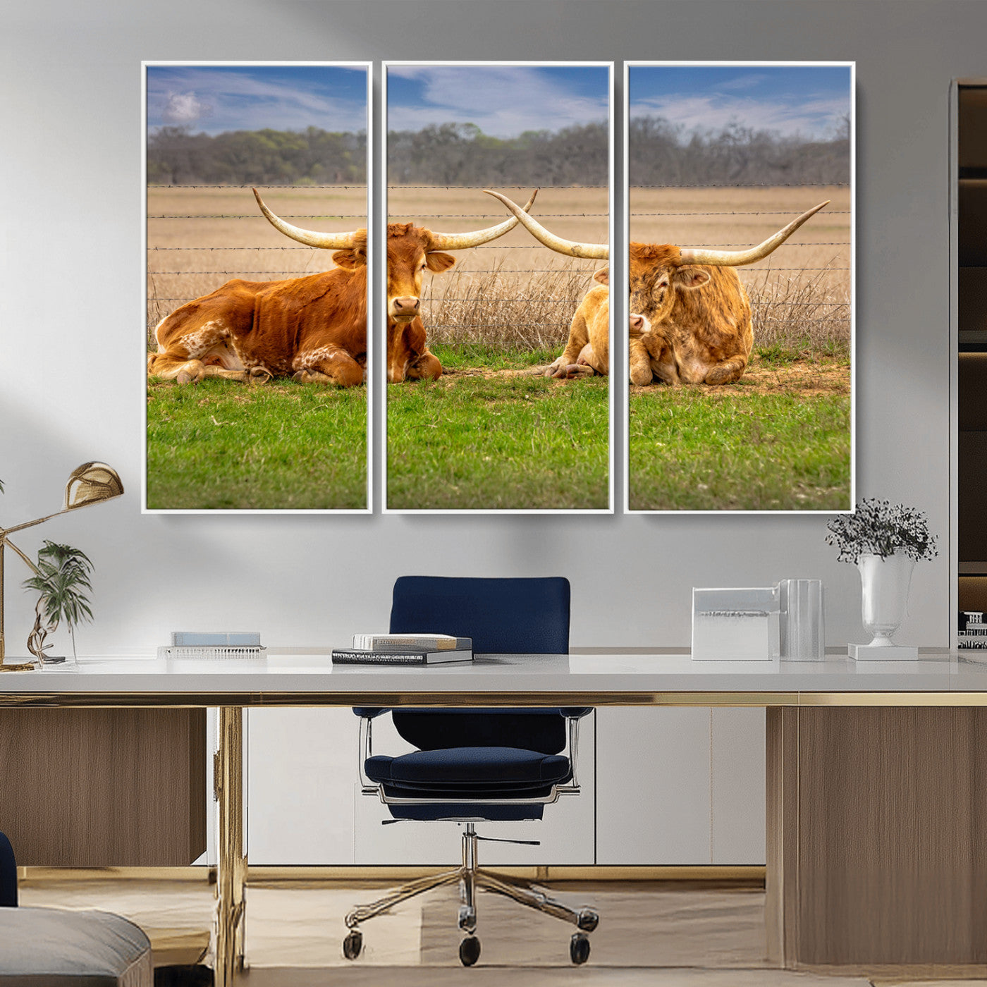 54598515-MGV-CV-36X24-Texas Longhorns Wall Art – Rustic Cattle Ranch Canvas Print, Western Farmhouse Animal Photography Decor for Living Room, Office,