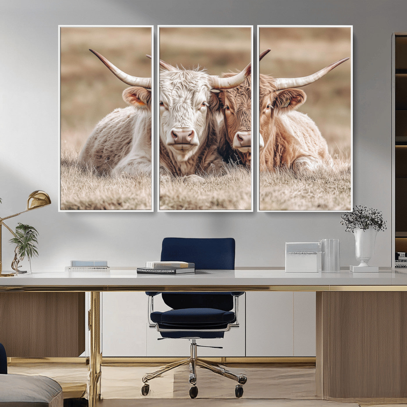 38651722-MGV-CV-36X24-Cow Wall Art – Rustic Longhorn Pair Canvas Print, Western Farmhouse Animal Painting, Country Ranch Decor for Living Room, Bedroom,