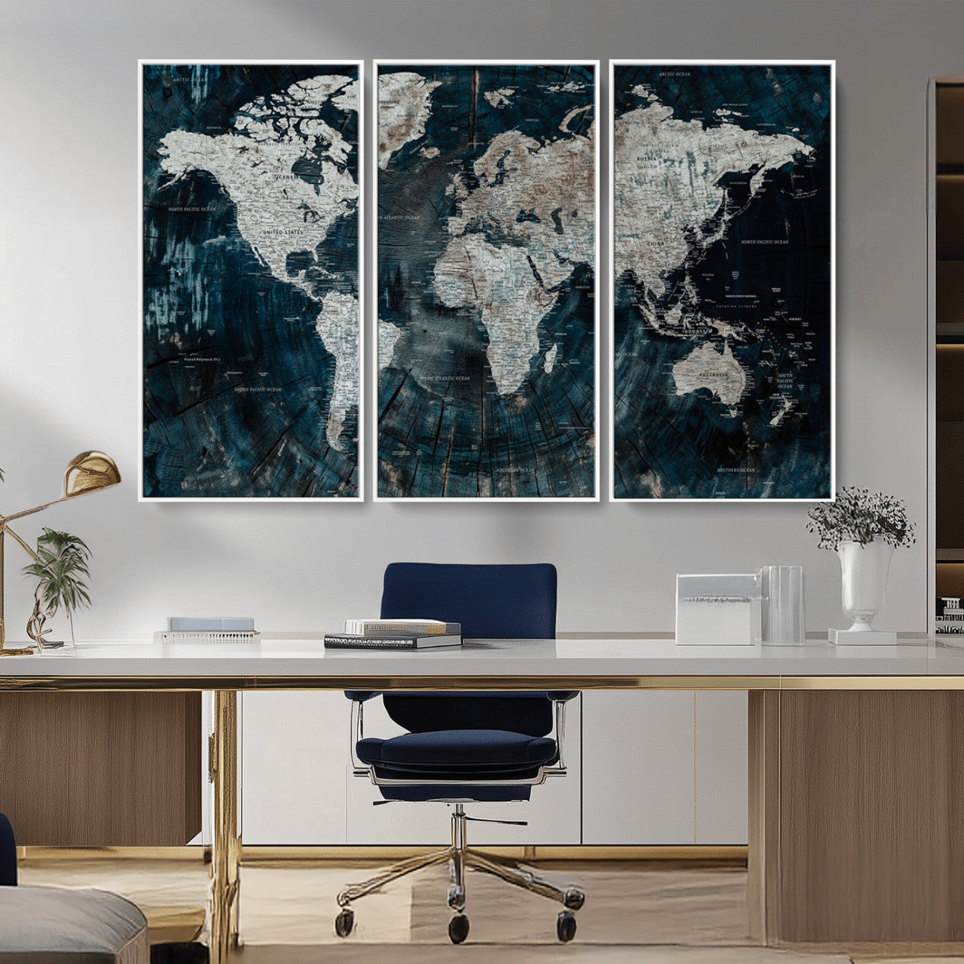 34425609-MGV-CV-36X24-World Map Wall Art – Rustic Navy and Grey Atlas Canvas Print, Distressed Explorer Map Artwork, Industrial Style Decor for Office,