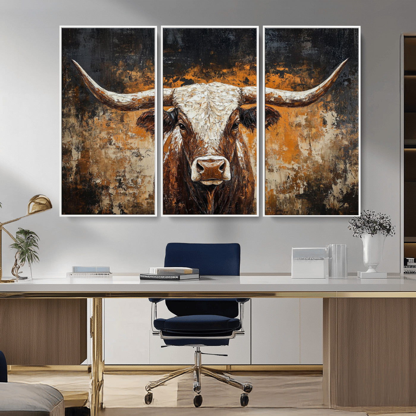 25265572-MGV-CV-36X24-Longhorn Bull Wall Art – Rustic Western Texas Steer Canvas Print, Textured Animal Painting for Home, Office, Man Cave or Farmhouse