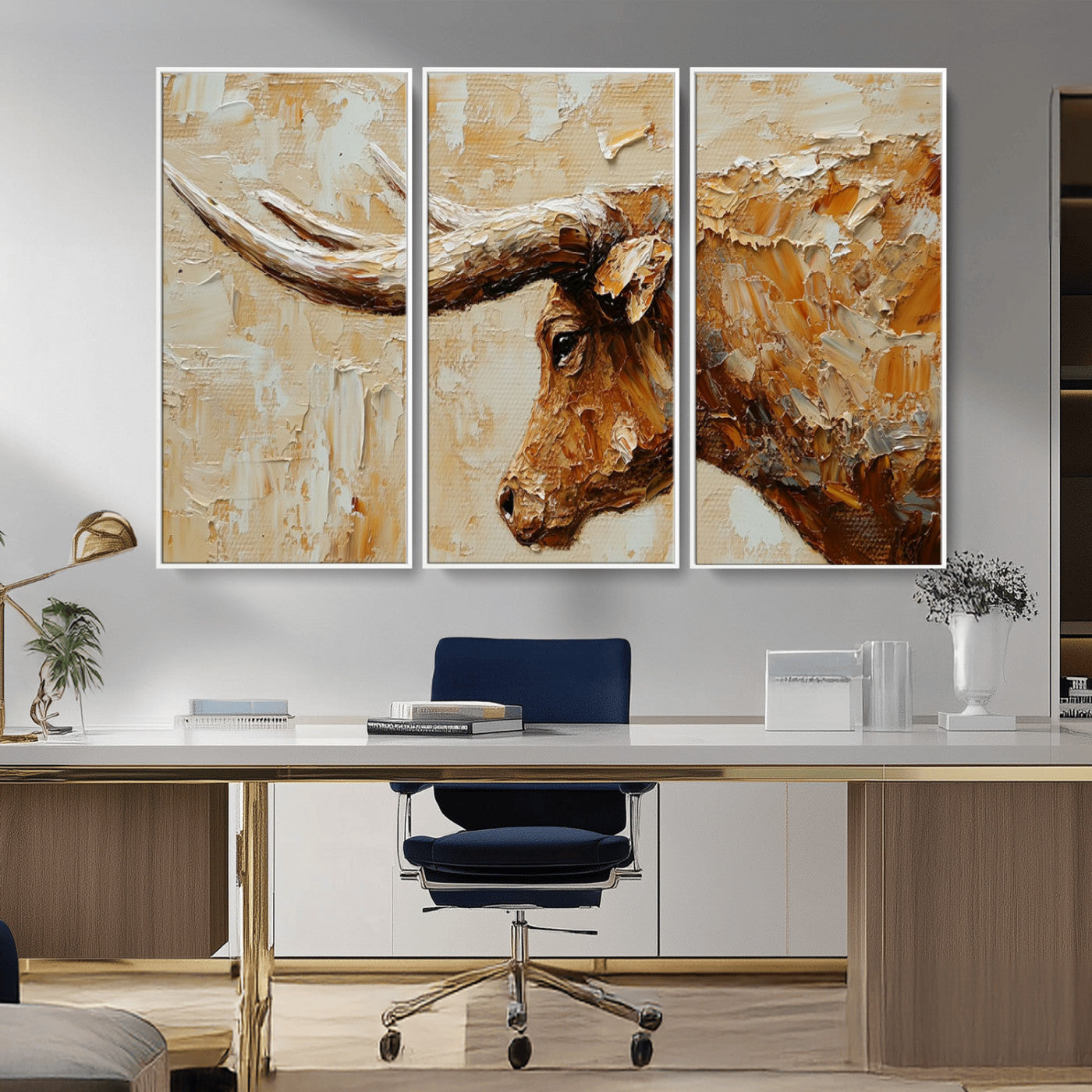 69611428-MGV-CV-36X24-Longhorn Bull Wall Art – Rustic Western Canvas Print, Textured Farmhouse Cattle Painting for Living Room, Office, or Ranch House