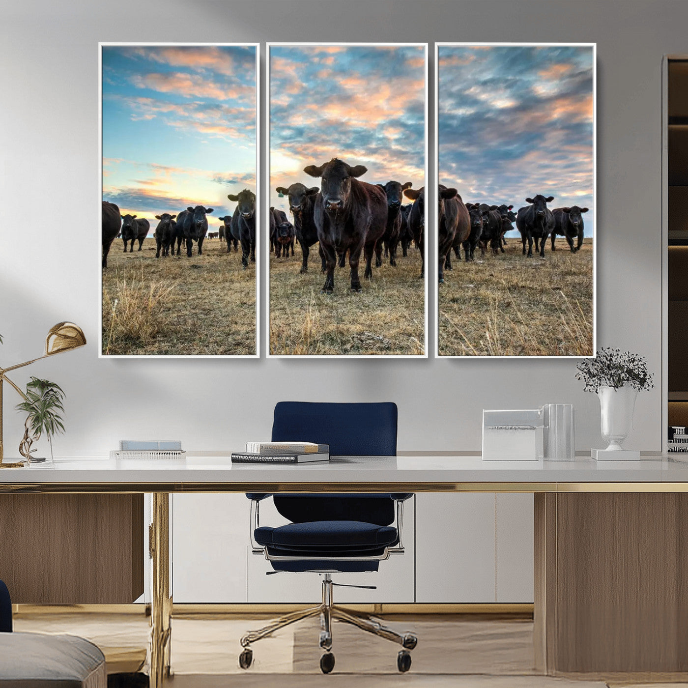 13867292-MGV-FC-48X32-3P_White-Black Cattle Wall Art – Rustic Ranch Herd Canvas Print, Western Farmhouse Country Landscape Decor for Living Room, Office, or