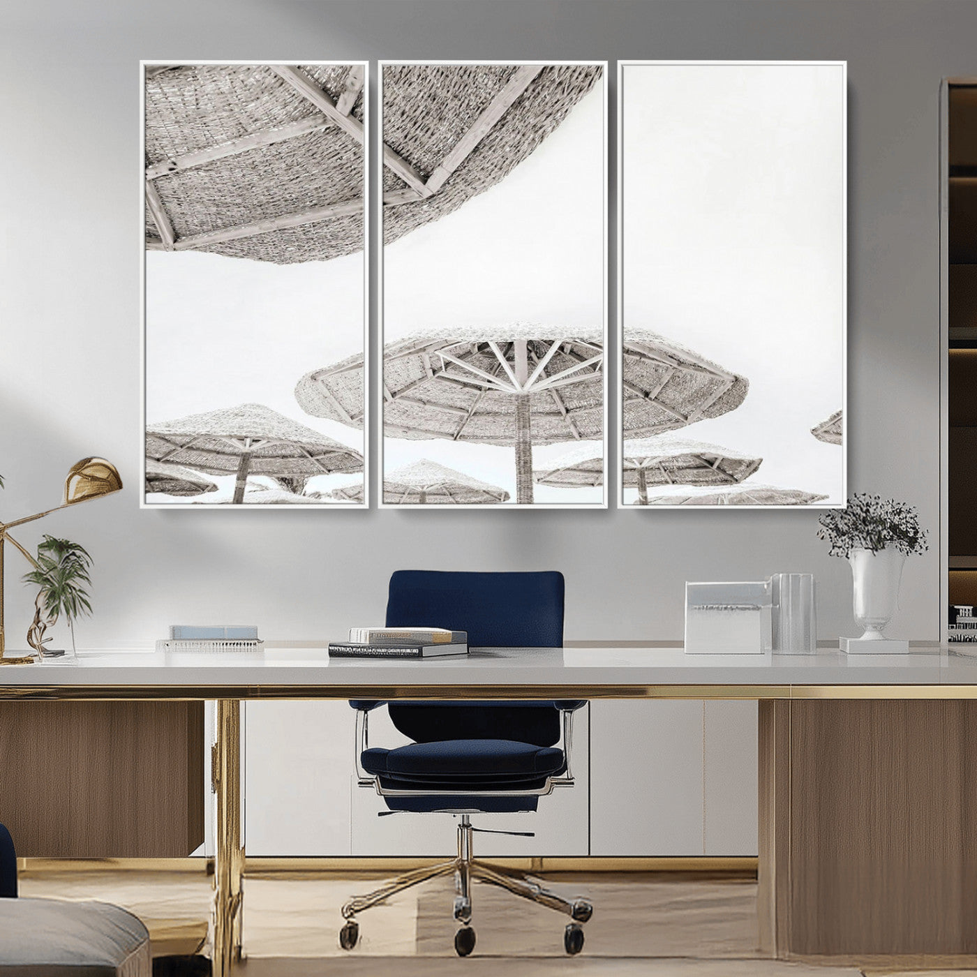 97043123-MGV-CV-36X24-Beach Umbrella Wall Art – Minimalist Coastal Canvas Print, Woven Parasol Summer Decor for Bedroom, Living Room, or Modern Beach