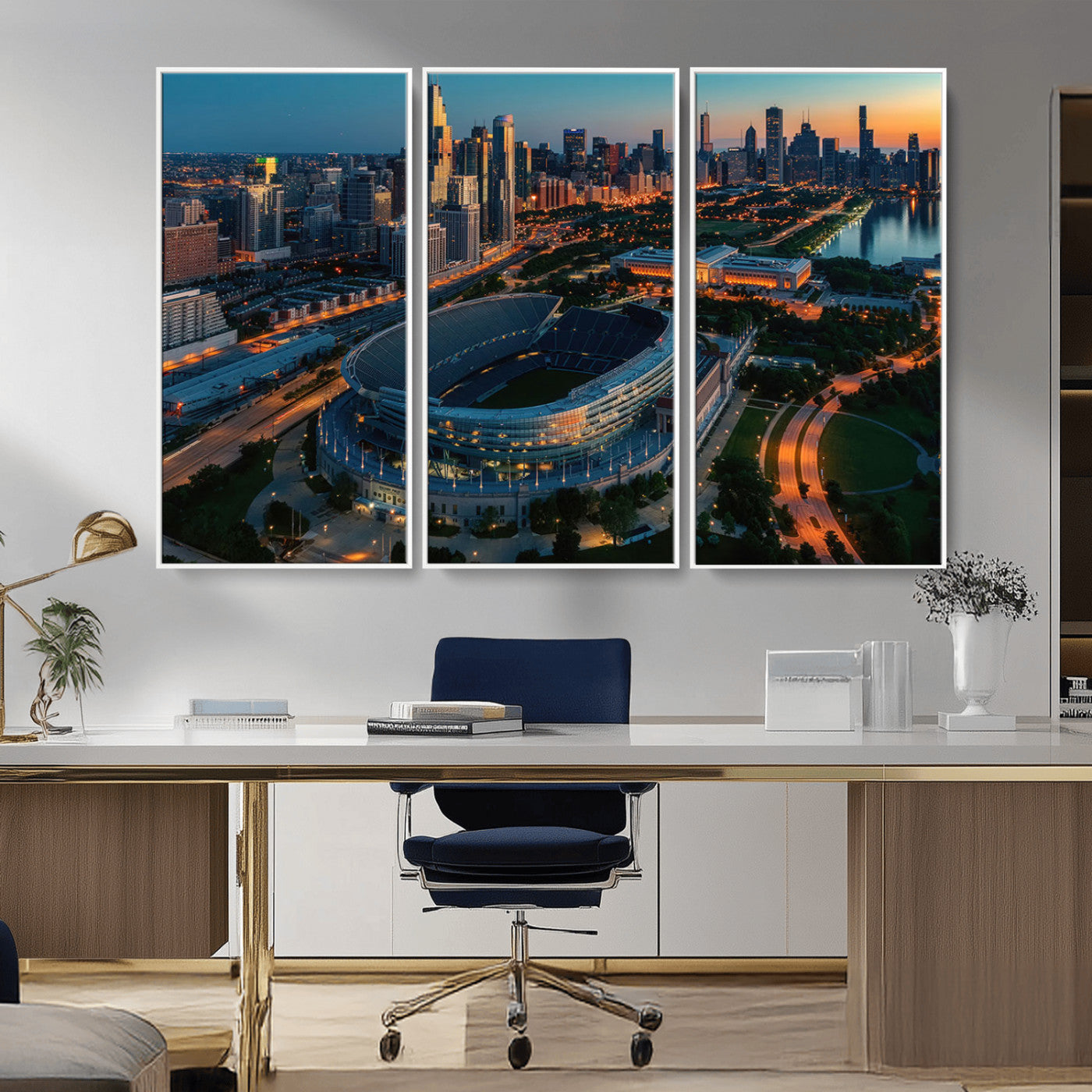 36690345-MGV-FC-48X32-3P_White-Soldier Field Wall Art – Chicago Bears Stadium Aerial Night Canvas Print, City Skyline Football Decor for Living Room, Office, or