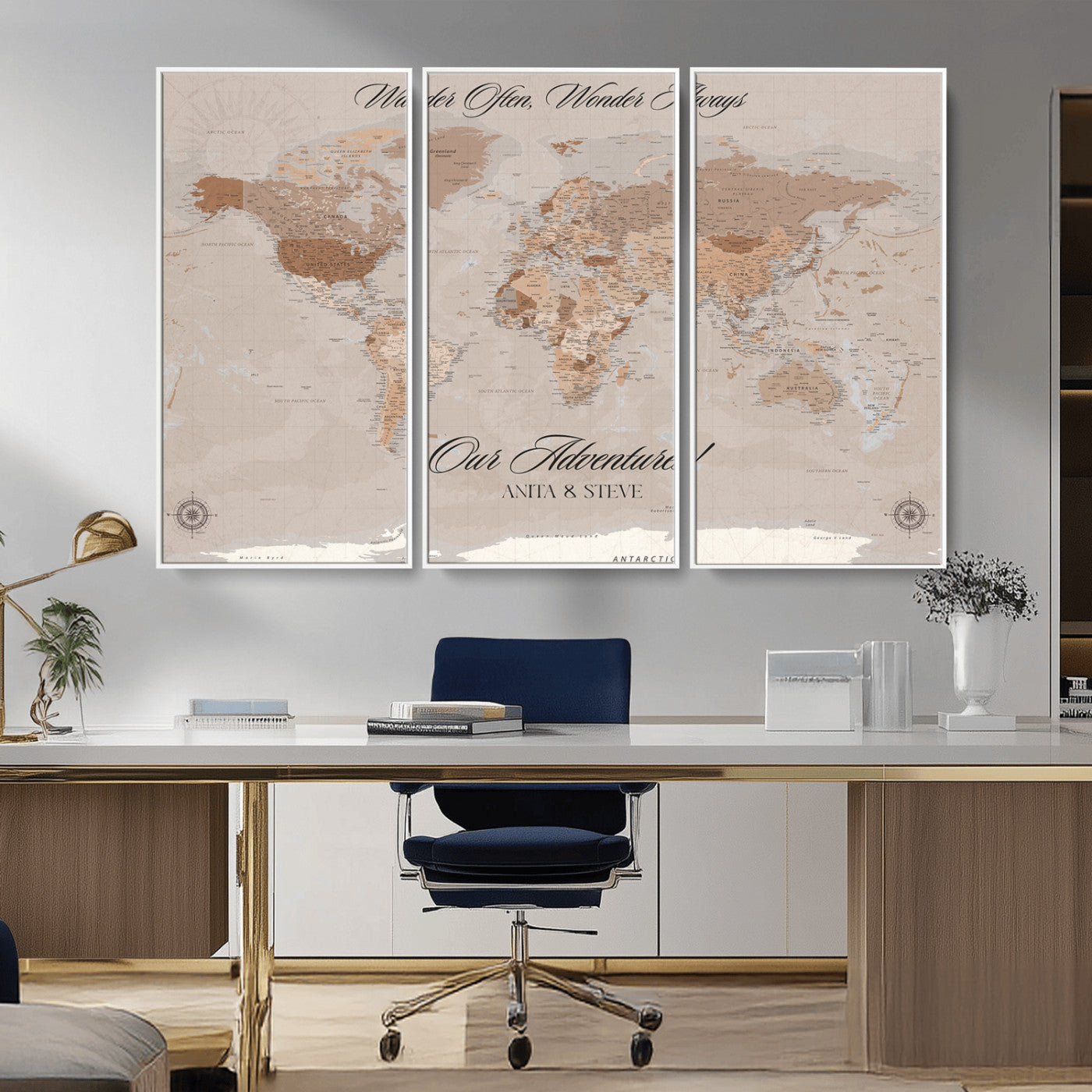95243244-MGV-CV-36X24-Wander Often Wonder Always World Map Wall Art – Neutral Beige Adventure Canvas Print, Rustic Boho Travel Decor for Bedroom, Living
