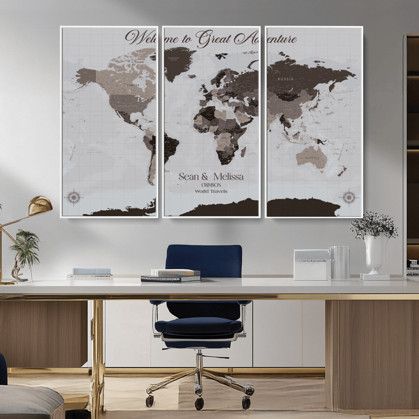 43749658-MGV-FC-48X32-3P_White-Welcome to Great Adventure World Map Wall Art – Charcoal Gray Canvas Print, Rustic Travel Decor for Living Room, Study, Office or
