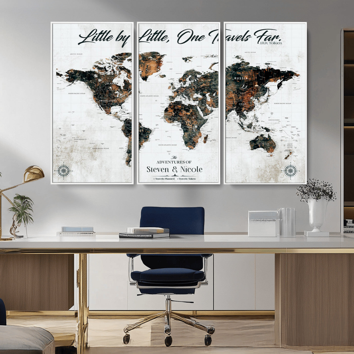 88337180-MGV-CV-36X24-Little by Little One Travels Far Tolkien Quote World Map Rustic Black Brown Adventure Wall Art Canvas Print for Home Office Living