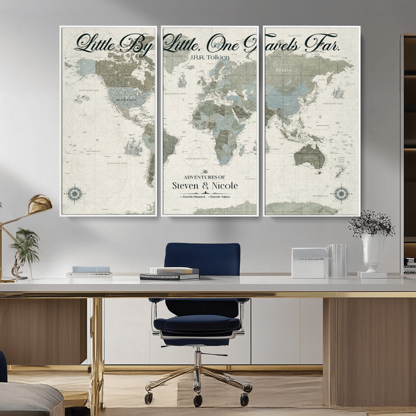 10693204-MGV-CV-36X24-Little By Little One Travels Far Tolkien Quote Blue Green World Map Adventure Wall Art Canvas Print Rustic Wanderlust Travel Decor