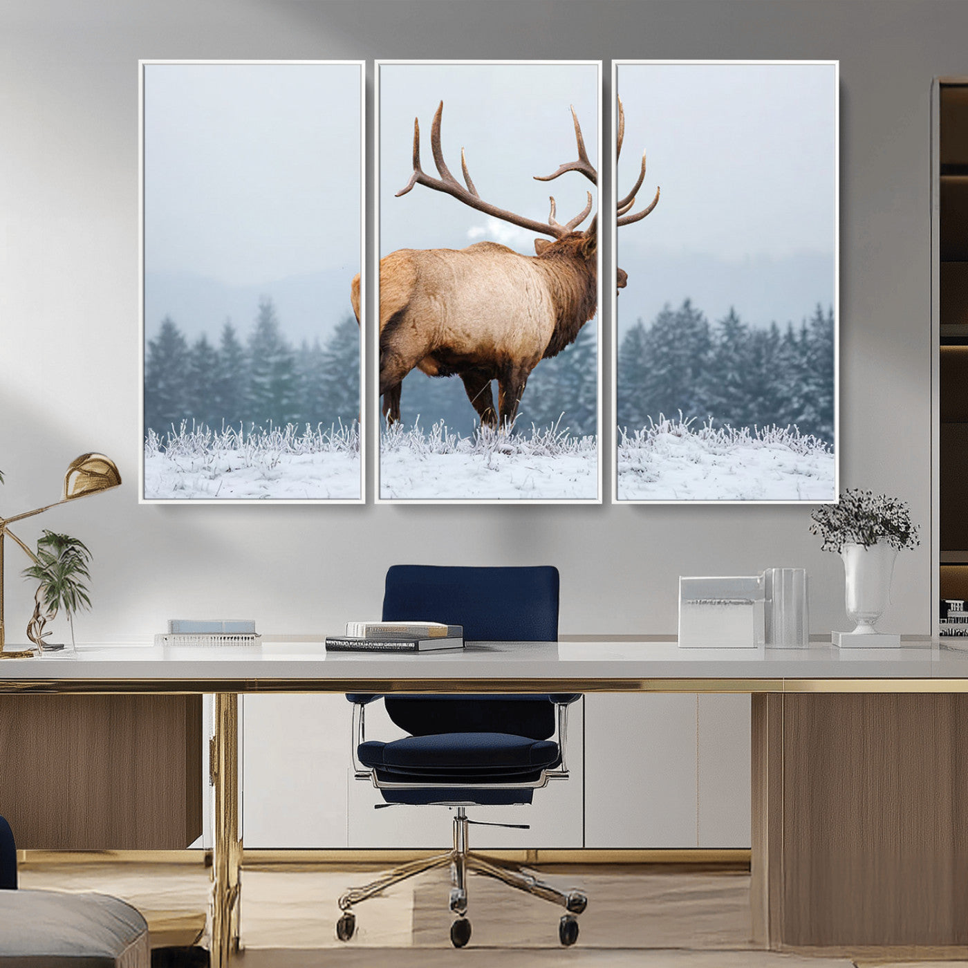 85177251-MGV-CV-36X24-Elk Wall Art – Majestic Wildlife Canvas Print of Bull Elk Snowy Forest, Rustic Nature Decor for Living Room, Cabin, or Office