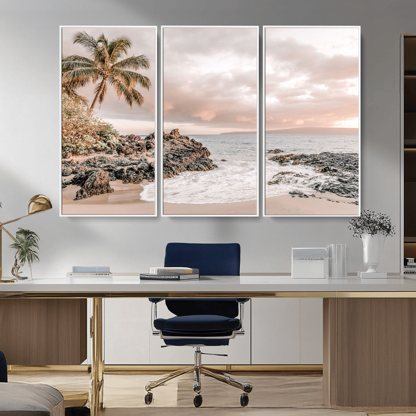 18005328-MGV-CV-36X24-Tropical Beach Canvas Wall Art – Palm Tree, Rocky Shoreline, Ocean Waves, Sunset Clouds, Calm Sea, Island Nature Relaxation for