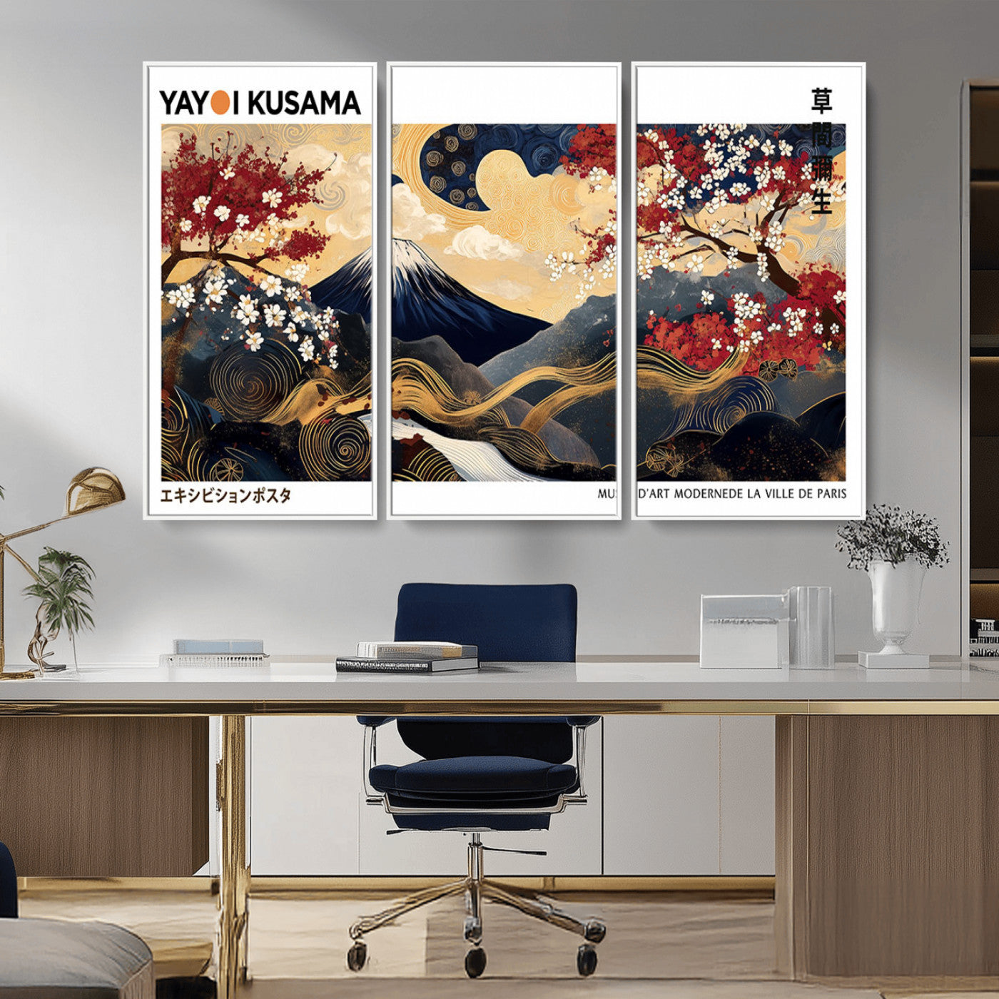 28945903-MGV-CV-36X24-Japanese Wall Art – Mount Fuji Canvas Print with Cherry Blossoms and Golden Wave Motifs, Traditional Asian Inspired Artwork for