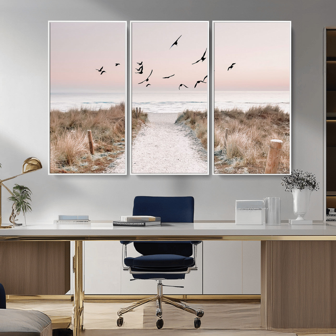 34632598-MGV-CV-36X24-Coastal Pathway Canvas Wall Art – Framed Seaside Landscape, Large Beach and Birds Canvas Print for Home, Office, or Living Room