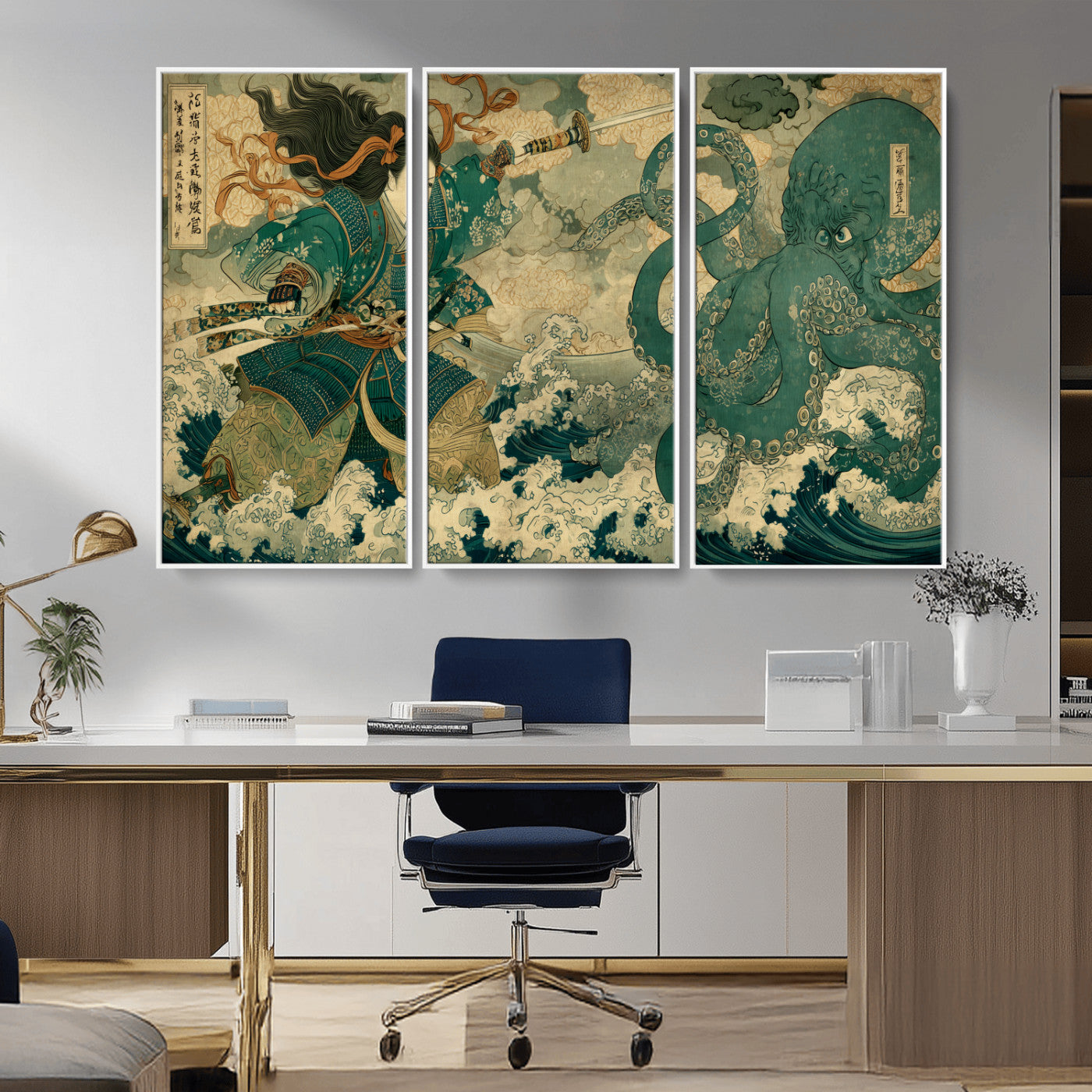 24416422-MGV-CV-36X24-Tsukioka Yoshitoshi Samurai Wall Art Print, Japanese Katana Warrior Canvas Wall Art, Octopus Sea Monster Canvas Print,