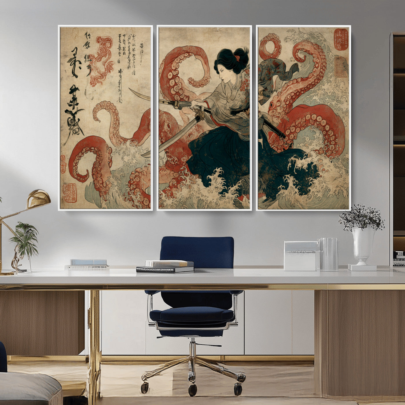 50812504-MGV-CV-36X24-Samurai Woman vs Octopus Wall Art – Japanese Ukiyo-e Red Tentacle Canvas Print, Ocean Battle Artwork for Living Room, Office, Man