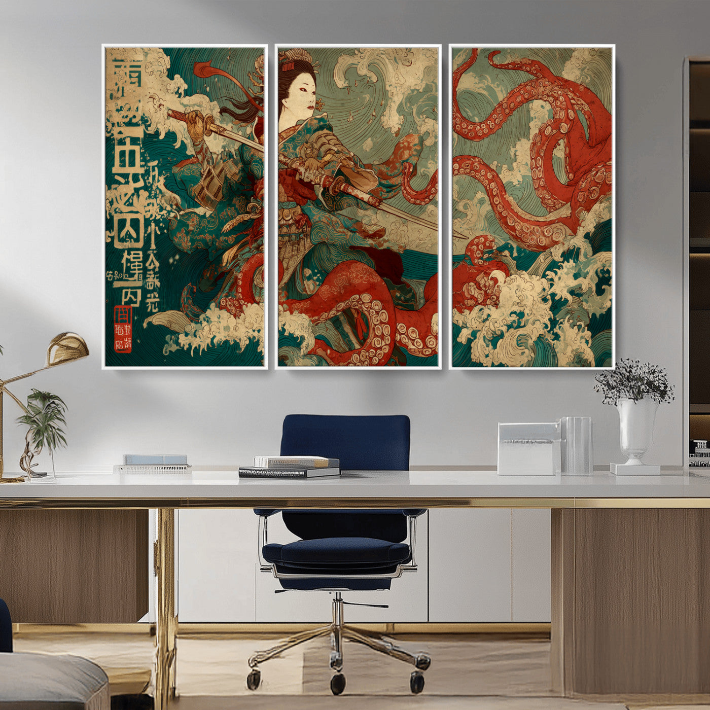 60201267-MGV-CV-36X24-Samurai Woman vs Octopus Wall Art – Japanese Ukiyo-e Armor Canvas Print, Red Tentacle Ocean Battle Artwork for Living Room,
