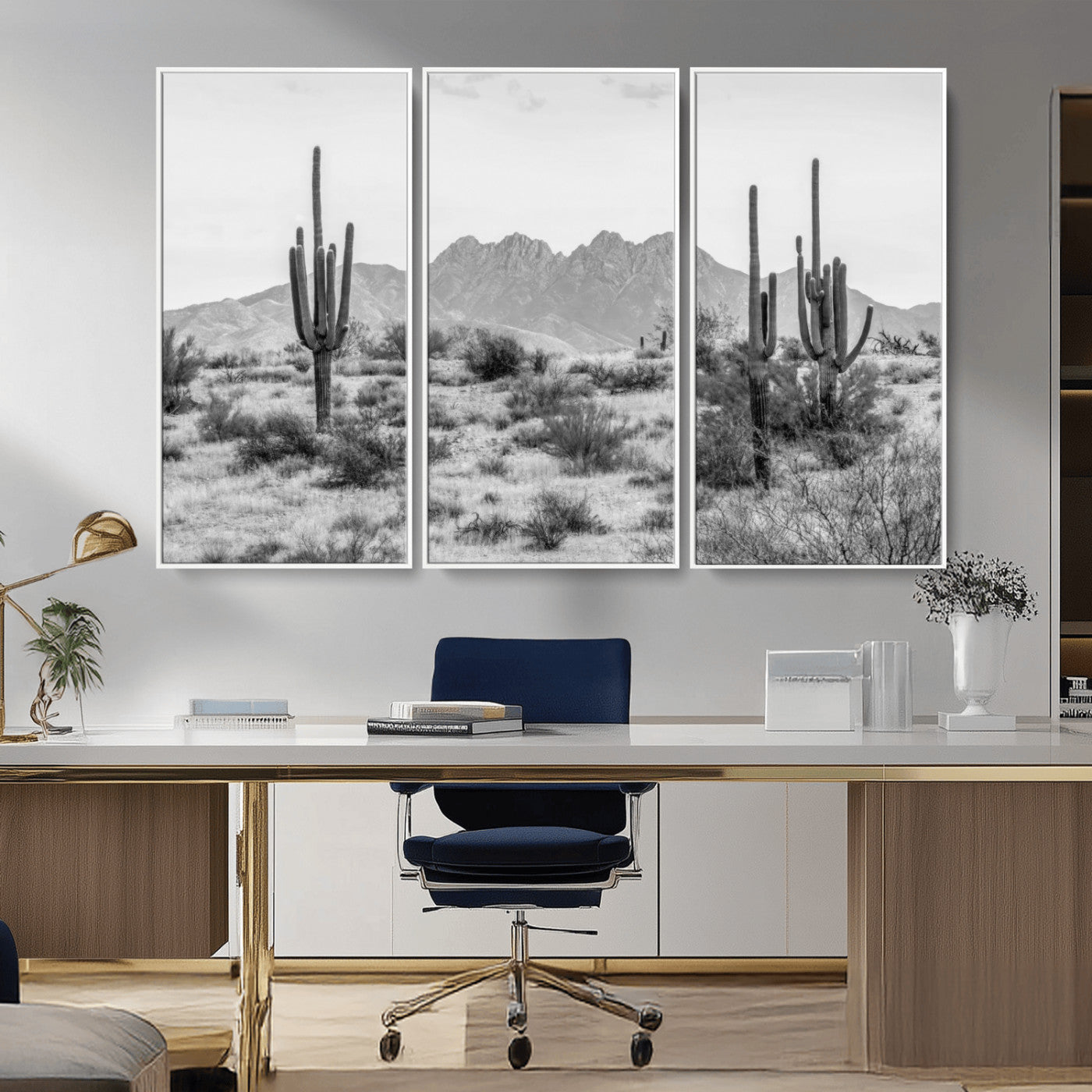 97436PHN-MGV-CV-36X24-Desert Landscape Wall Art – Black and White Cactus and Mountain Canvas Print, Southwestern Nature Photography for Living Room,