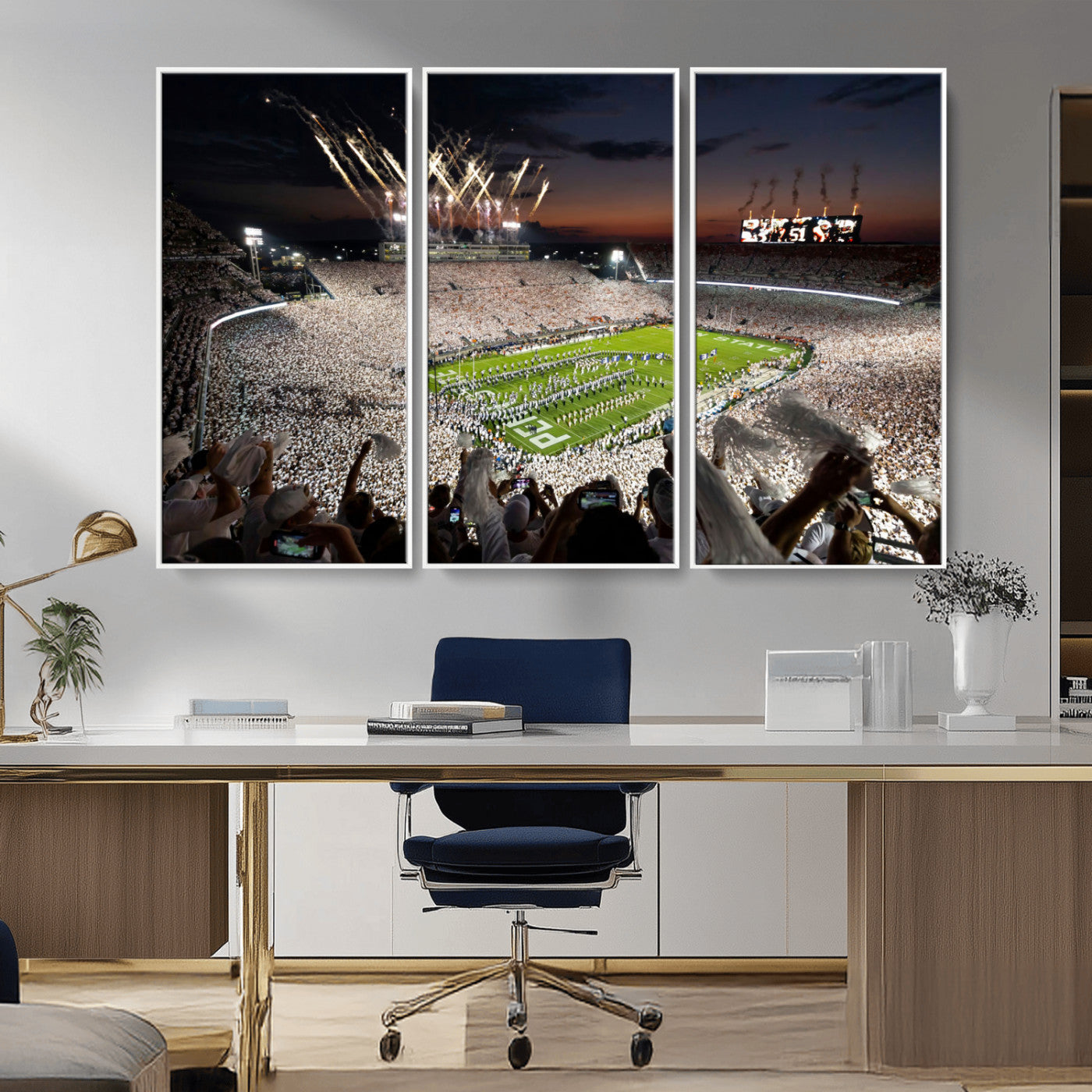 Penn-MGV-CV-36X24-Football Stadium Wall Art – Panoramic Night Game Canvas Print, Packed Crowd with Fireworks, Sports Decor for Office, Man Cave, Bar