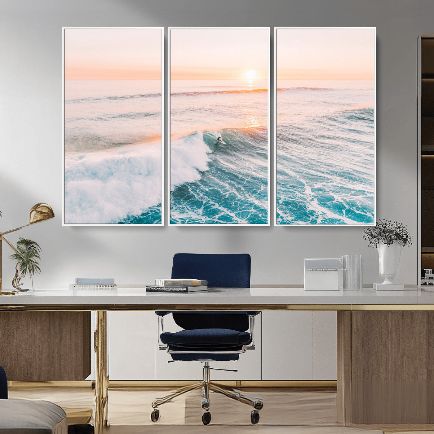 34064591-MGV-CV-36X24-Surfing Wall Art – Sunset Ocean Wave Canvas Print, Surfer Riding Sea Photography Decor for Bedroom, Living Room, Office, Coastal