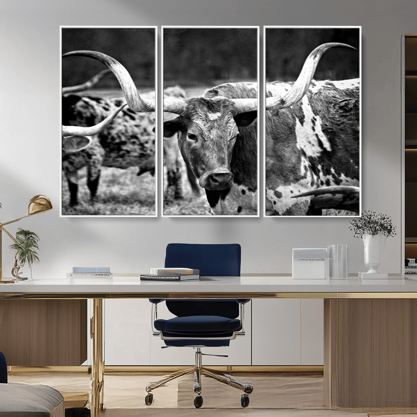 15425553-MGV-FC-48X32-3P_White-Western Wall Art – Longhorn Cattle Black and White Canvas Print, Rustic Ranch Photography Decor for Bedroom, Living Room, Office,