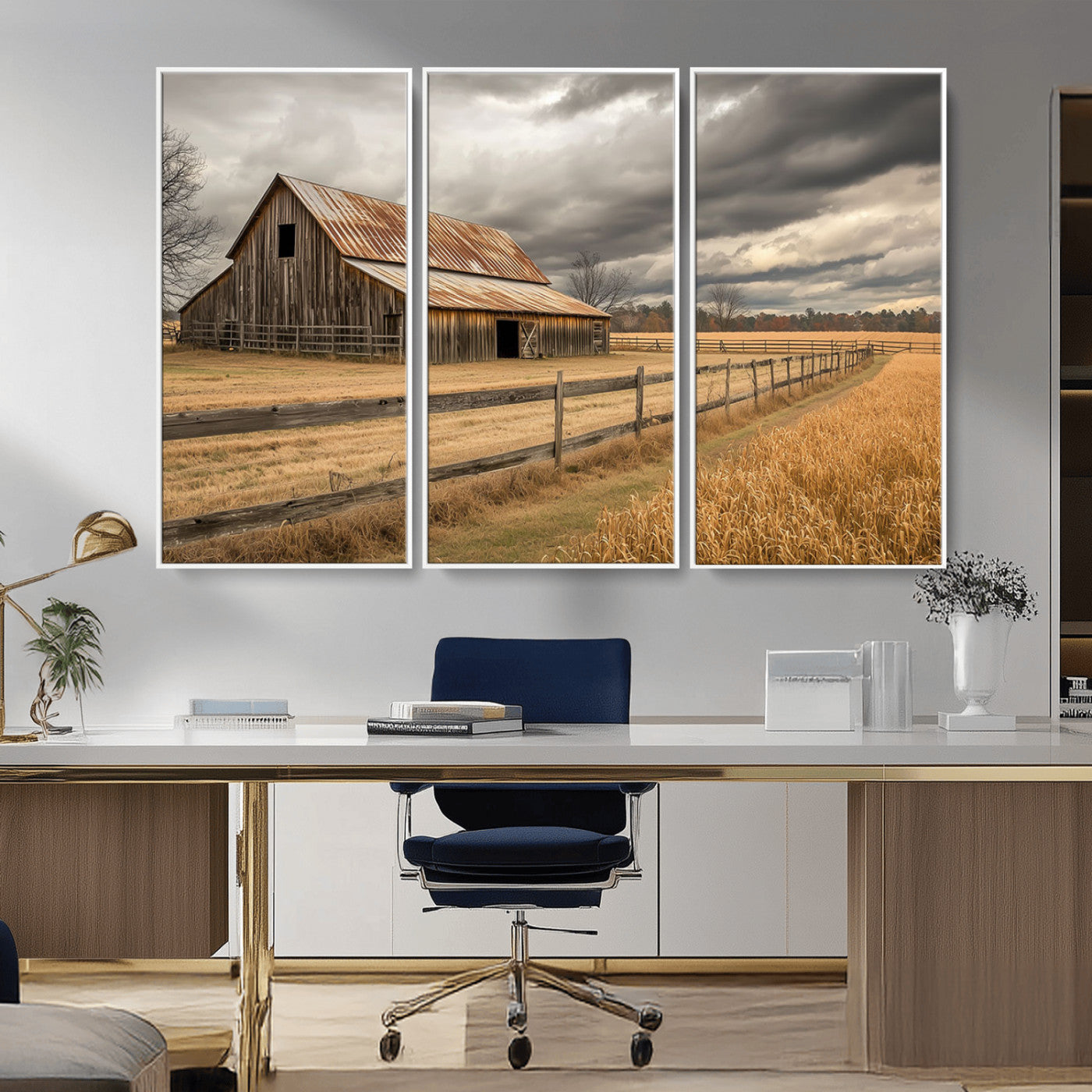 21991117-MGV-CV-36X24-Rustic Barn Wall Art – Weathered Farmhouse Canvas Print, Stormy Sky and Golden Field Photography Decor for Bedroom, Living Room,