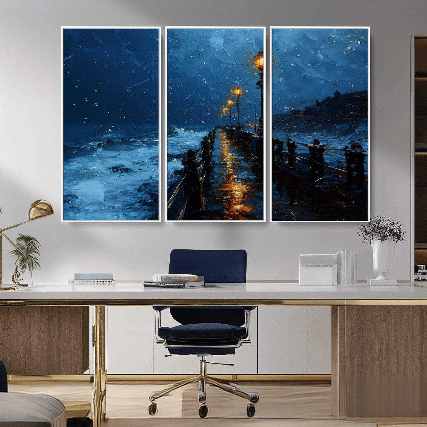 48300530-MGV-CV-36X24-Dark Stormy Pier Canvas Wall Art – Moody Ocean Night Scene with Street Lamps, Blue Coastal Seascape Print for Bedroom, Office, or