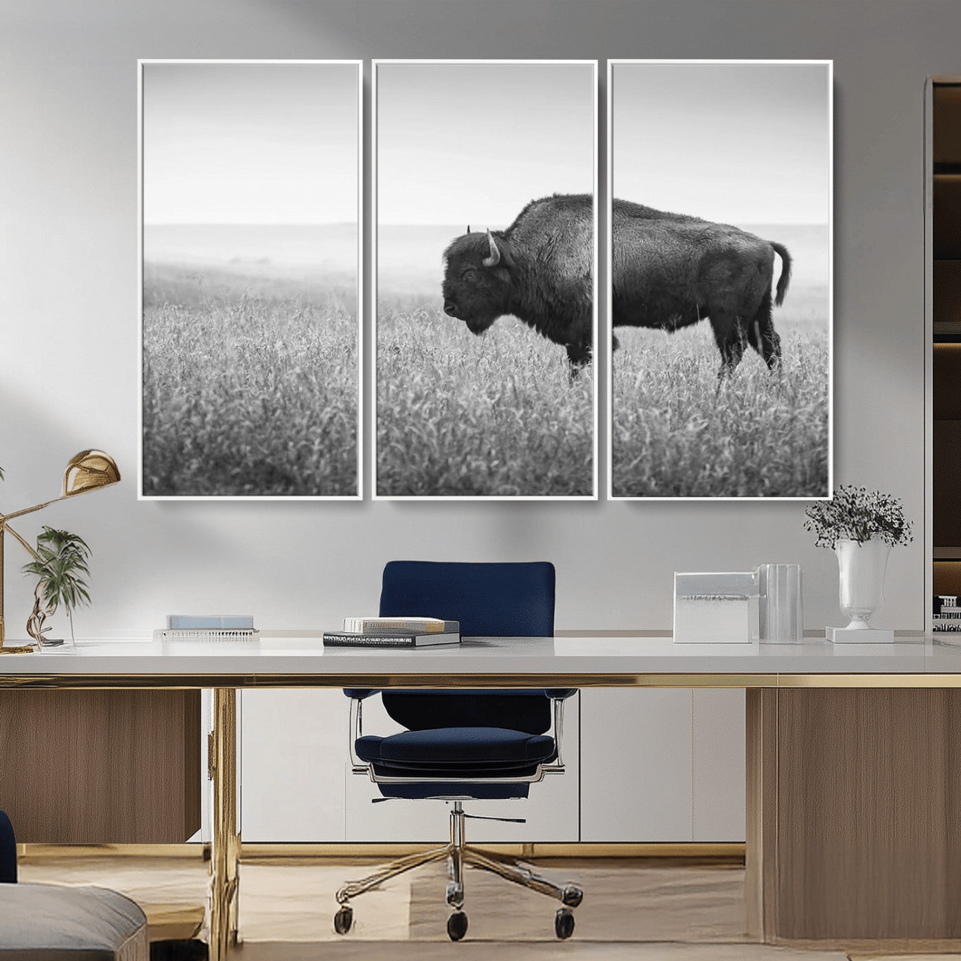 90861202-MGV-CV-36X24-Black and White Bison Canvas Wall Art – Rustic American Buffalo Print, Western Wildlife Photography for Farmhouse, Cabin, Office