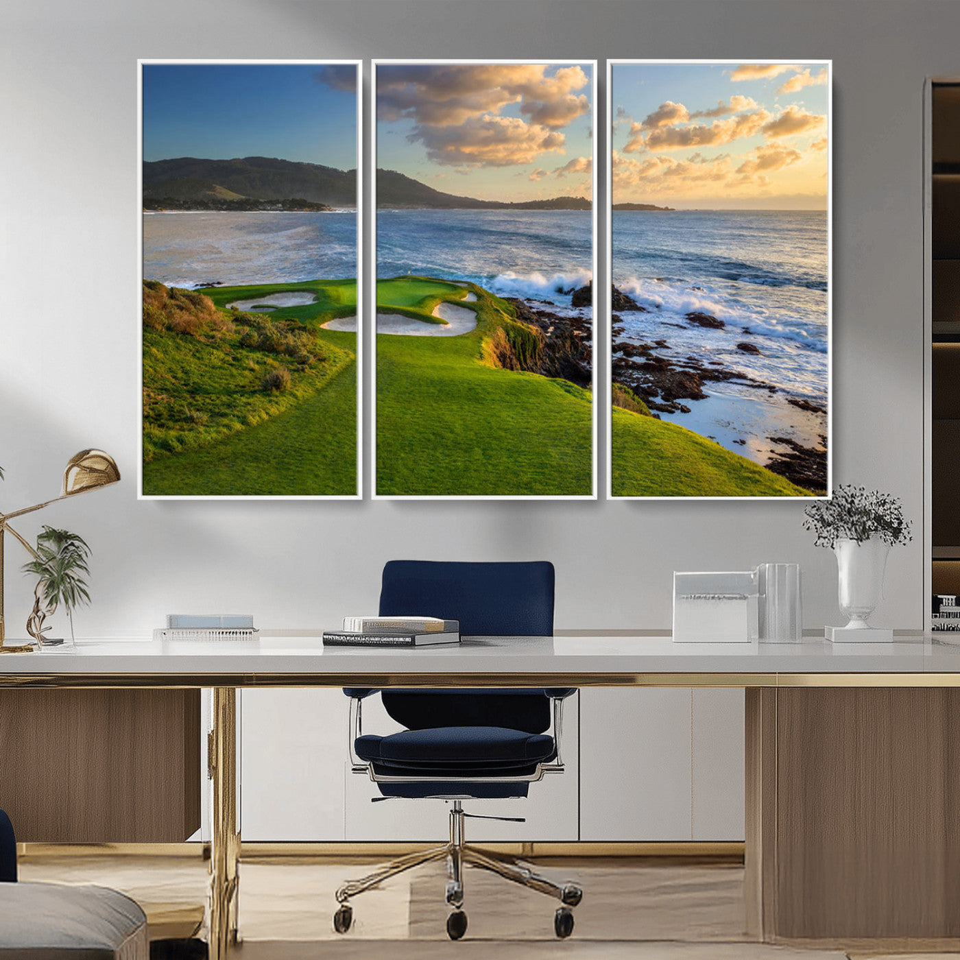 67486665-MGV-FC-48X32-3P_White-Golf Course Wall Art – Pebble Beach Oceanfront Canvas Print, Coastal Fairway Photography Sports Decor for Living Room, Office, Man
