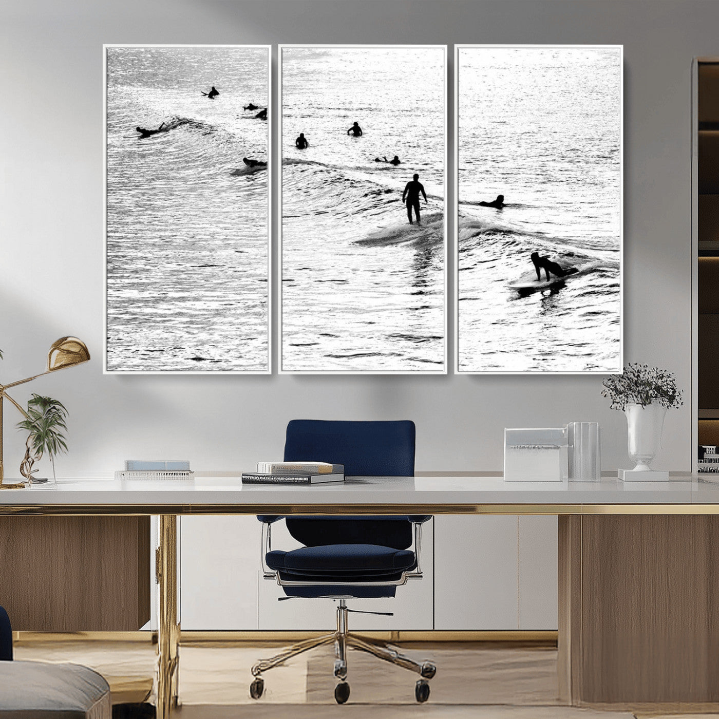 68018616-MGV-CV-36X24-Black and White Surf Photography Print – Minimalist Ocean Wall Art, Surfers Riding Waves, Coastal Beach Decor for Modern Home or