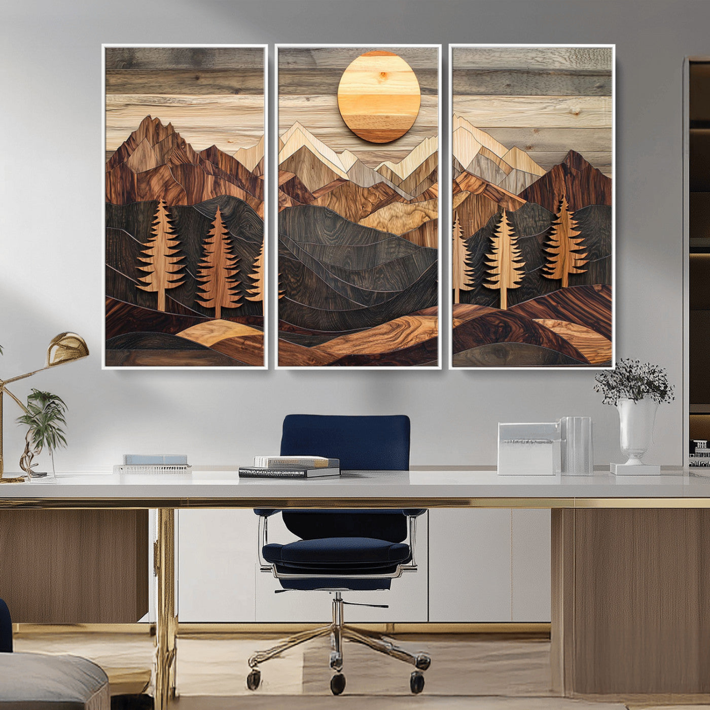 90044381-MGV-CV-36X24-Rustic Wall Art – Wooden Mountain Landscape with Sun and Pine Trees, Handcrafted Nature Canvas Style Decor for Bedroom, Living