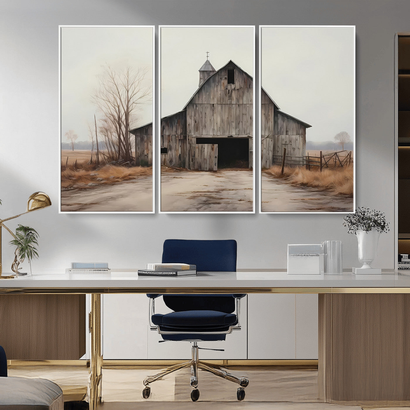 90499-MGV-FC-48X32-3P_White-Old Barn Wall Art Canvas Print, Framed Rustic Barn Art Picture Print, Abandoned Farm Perfect Rustic Farmhouse Decor Artwork