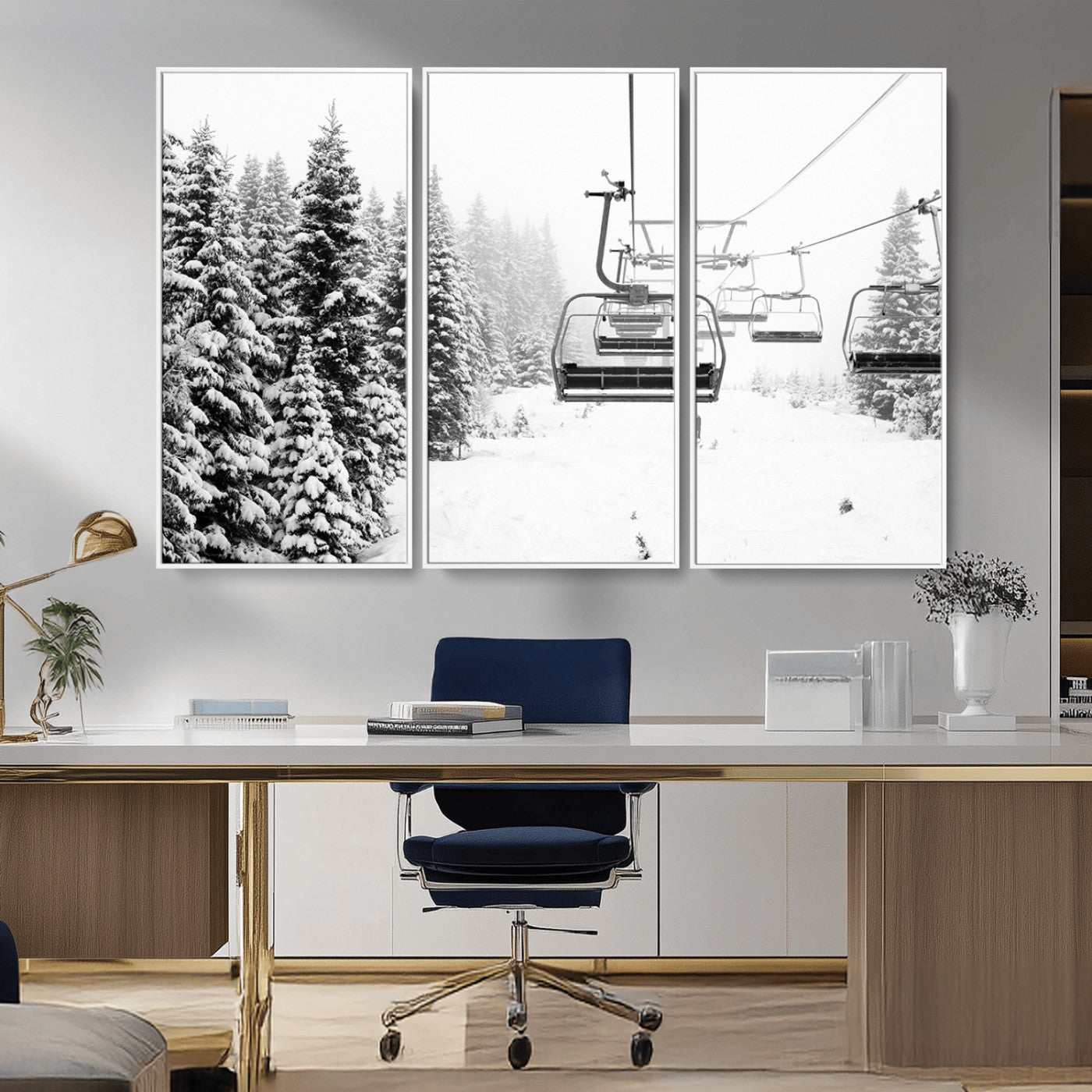 49274-MGV-CV-36X24-Snowy Forest Wall Art Canvas Print, Framed Ski Lift Art Picture Print, Mountain Snow Perfect Minimal Winter Lodge Decor Artwork