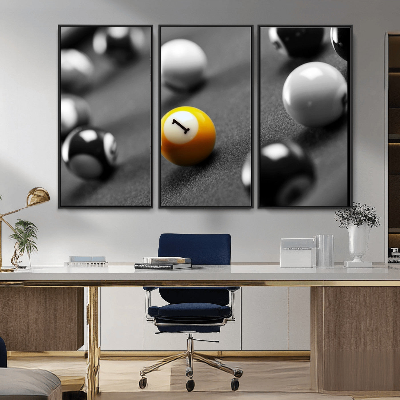 52108-MGV-CV-36X24-Precision Pool Table Wall Art – Close Up Yellow 1 Ball Canvas Print, Hand-Played Billiards Game Decor for Office, Game Room, or