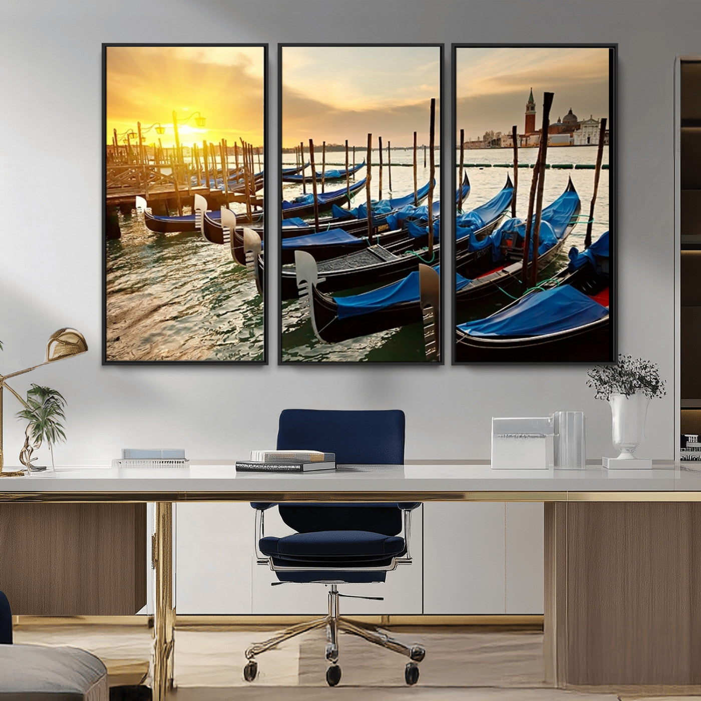 25872-MGV-CV-36X24-Venetian Gondola Dock Wall Art – Serene Sunset Canal Canvas Print, Tranquil Water Travel Decor for Office, Living Room, or Man