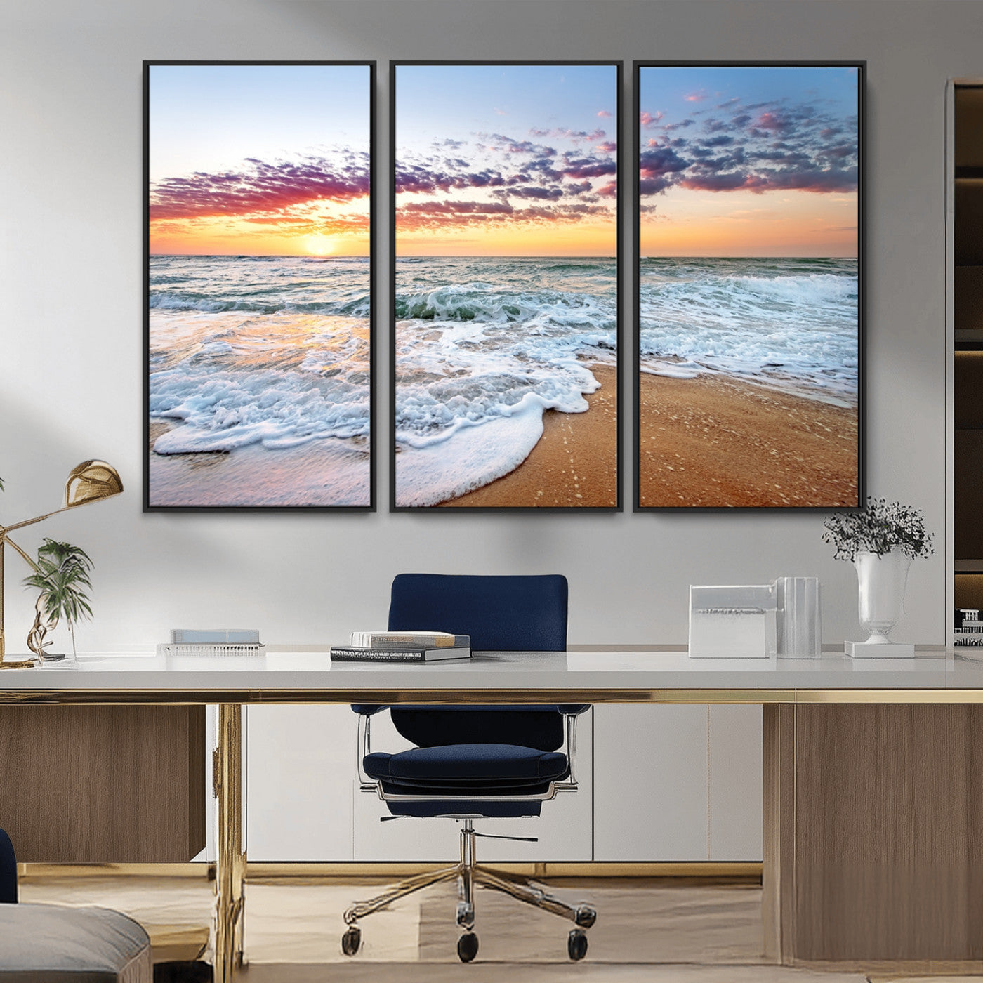 39560-MGV-FC-48X32-3P_Black-Sunrise Beach Wall Art – Vibrant Ocean Waves and Golden Sand Canvas Print, Seaside Coastal Decor for Living Room, Bedroom or