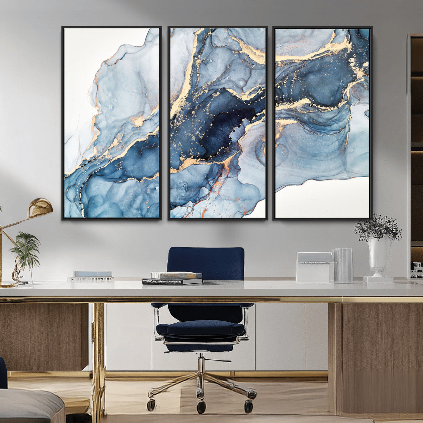 33782-MGV-CV-36X24-Abstract Marble Wall Art – Blue & Gold Fluid Painting Canvas Print, Modern Home Decor for Living Room, Bedroom or Office