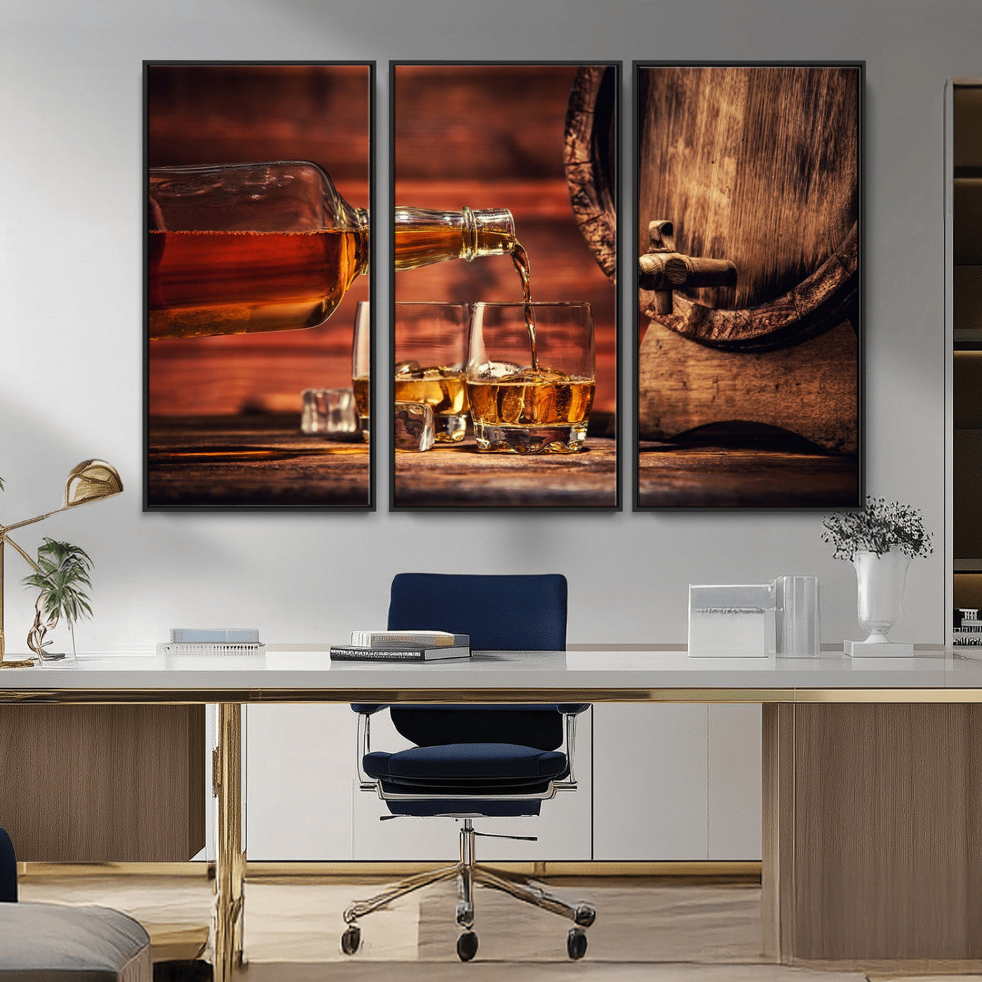 21266-MGV-CV-36X24-Pouring Whiskey into Glasses with Ice – Rustic Wooden Barrel Background, Warm Ambient Lighting, Ideal Decor for Home or Office