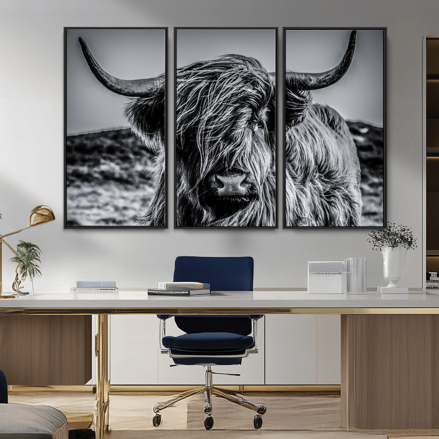 97372-MGV-CV-36X24-Elegant Highland Cow Wall Art – Black and White Canvas Print, Rustic Nature Decor for Home, Office, Living Room or Man Cave