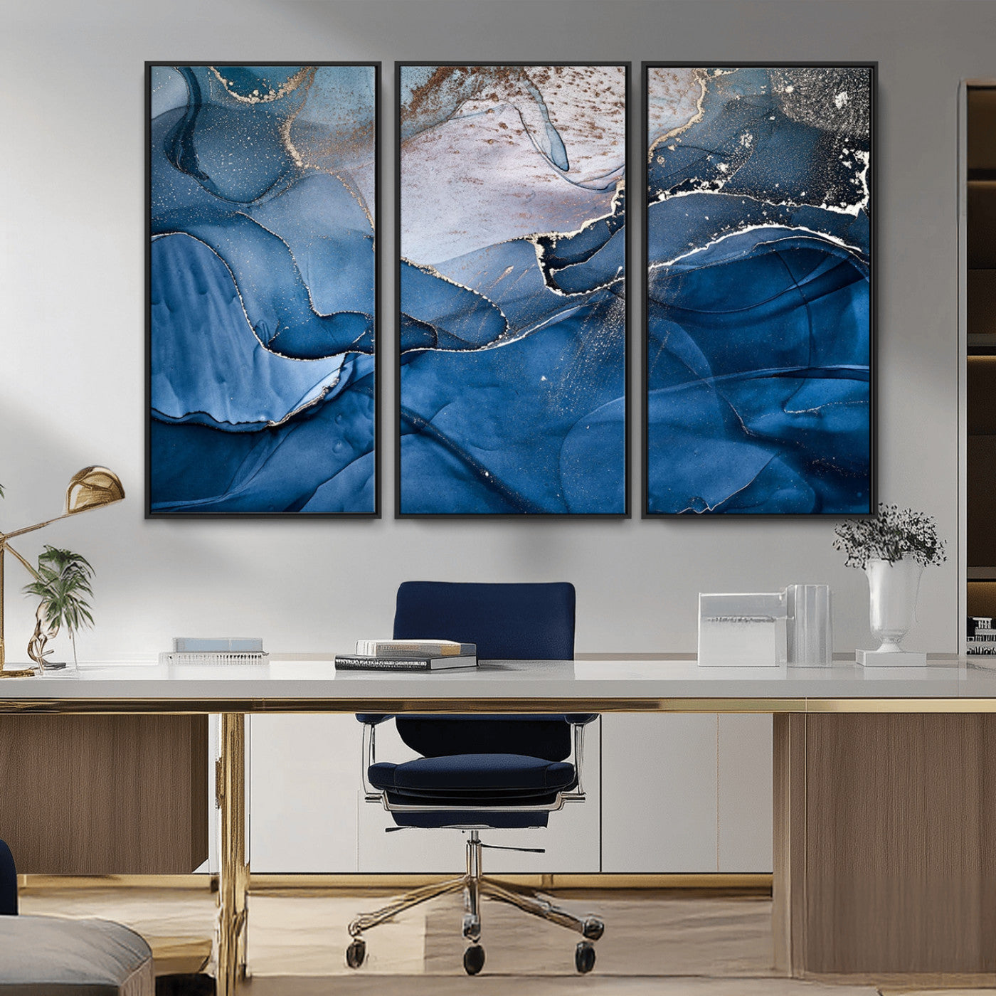 27810-MGV-FC-48X32-3P_Black-Abstract Blue Gold Fluid Art Wall – Modern Canvas Print, Elegant Home & Office Wall Art, Stylish Living Room or Bedroom Decor