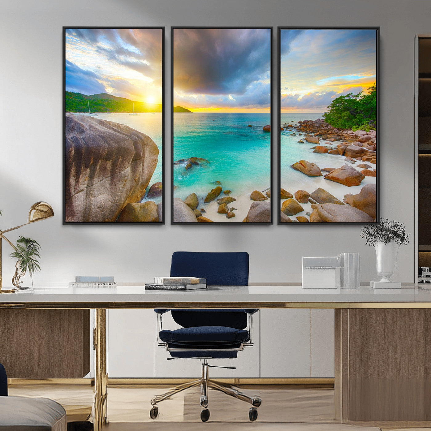 23769-MGV-CV-36X24-Tropical Beach Sunset Wall Art – Ocean Waves and Rocky Shore Canvas Print, Coastal Seascape Photography Decor