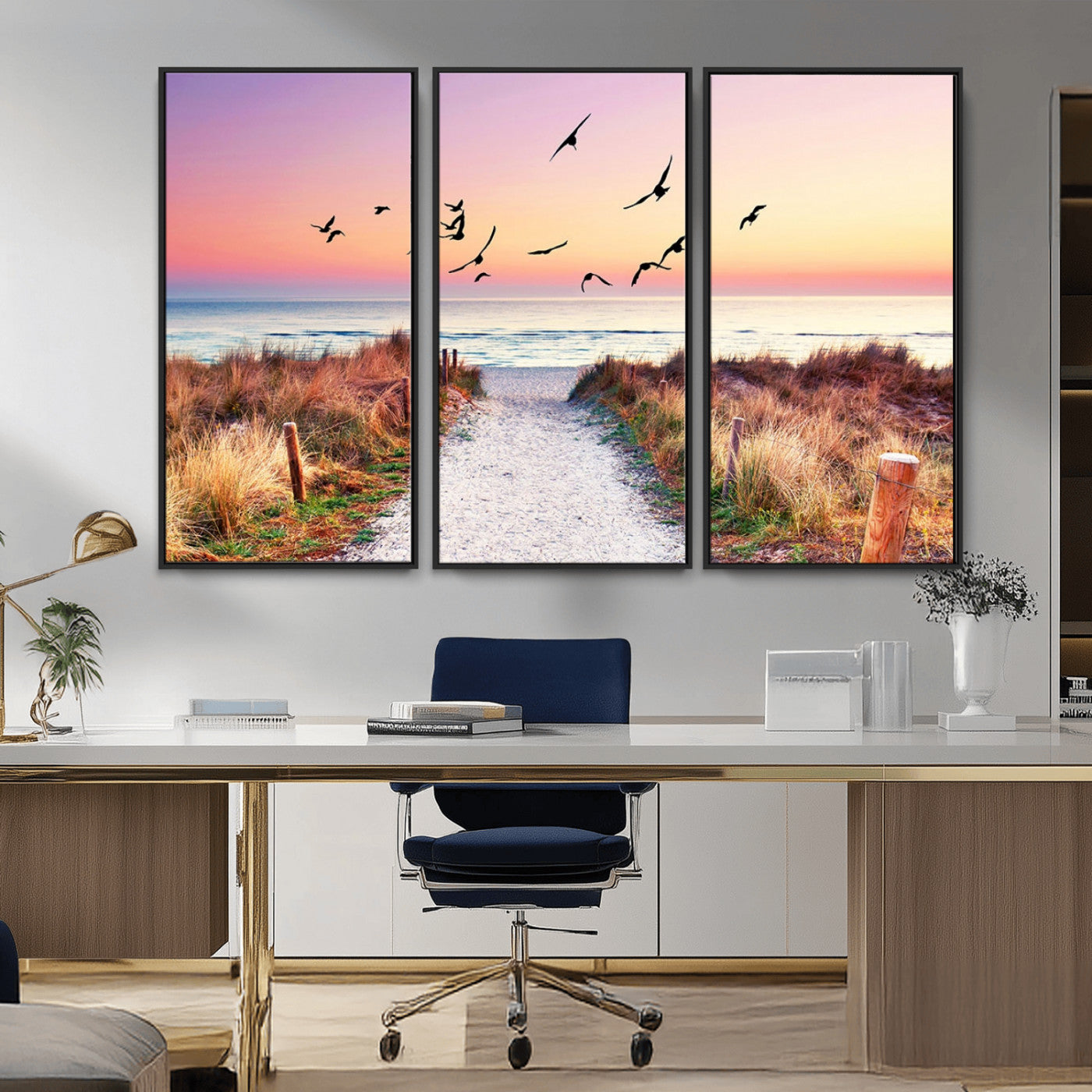 54411-MGV-CV-36X24-Beach Path with Birds Wall Art – Coastal Sunset Ocean Canvas Print, Seaside Nature Landscape Photography for Living Room, Bedroom