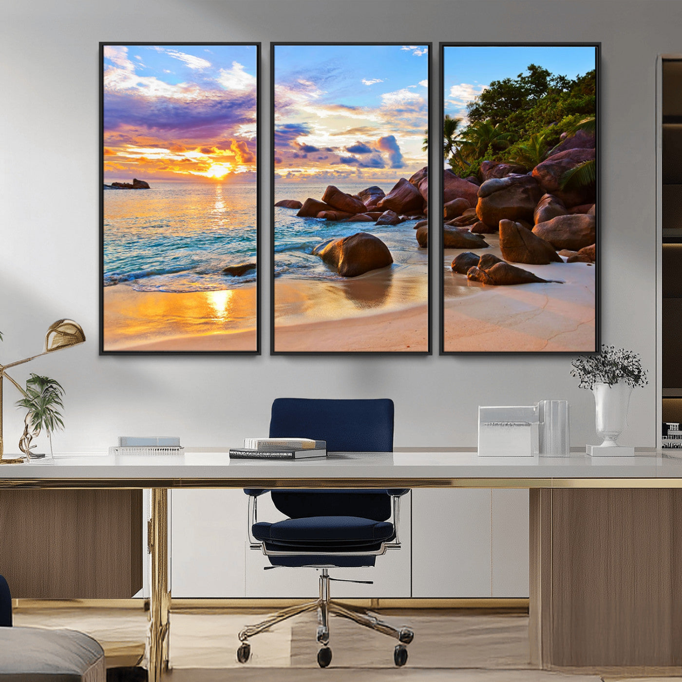 43209-MGV-CV-36X24-Tropical Beach Sunset Wall Art – Golden Ocean Waves and Palm Trees with Rocky Shore Canvas Print, Coastal Seascape Decor for