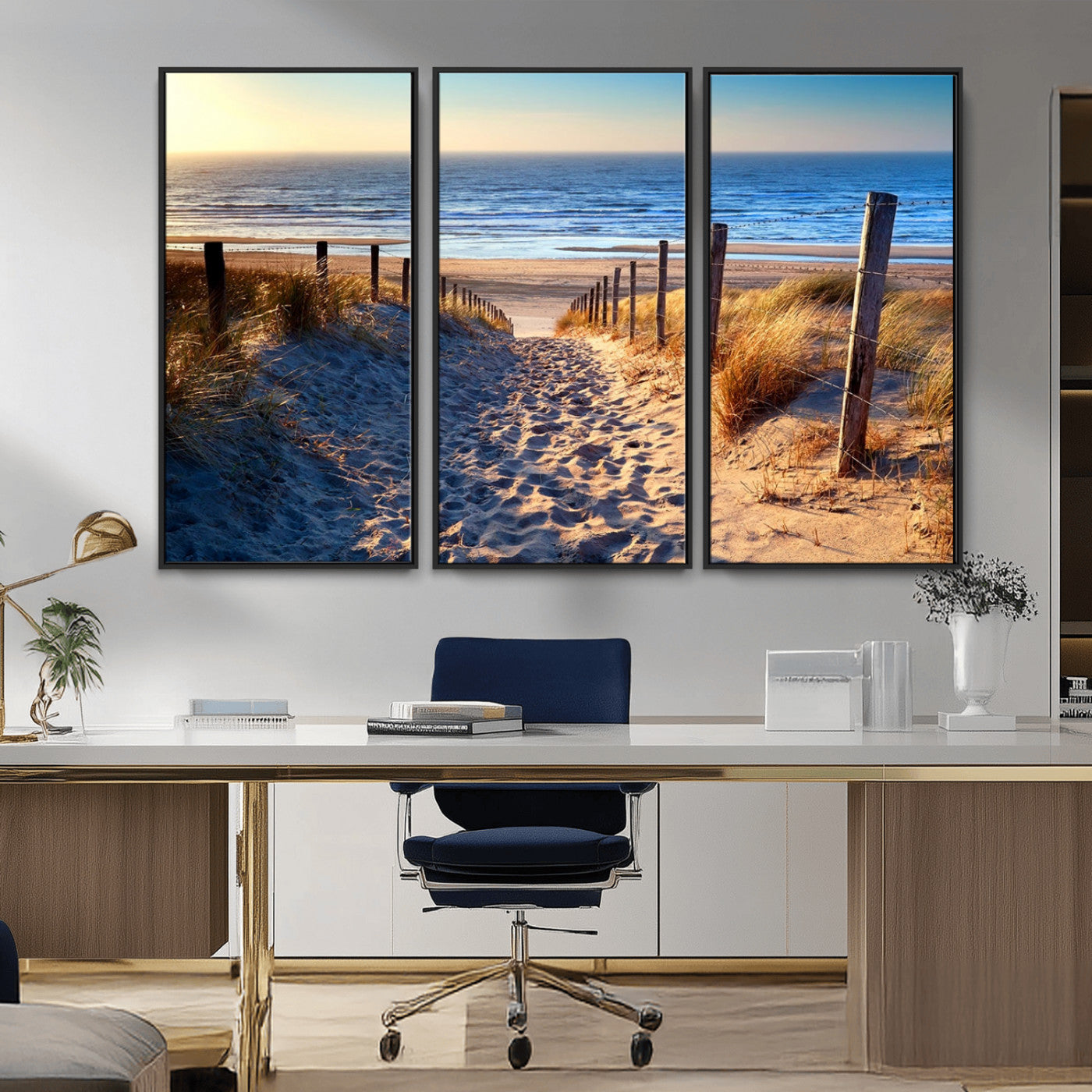 31889-MGV-CV-36X24-Sandy Beach Pathway Wall Art – Coastal Dune Fence and Ocean View Canvas Print, Relaxing Seaside Landscape Decor for Living Room or