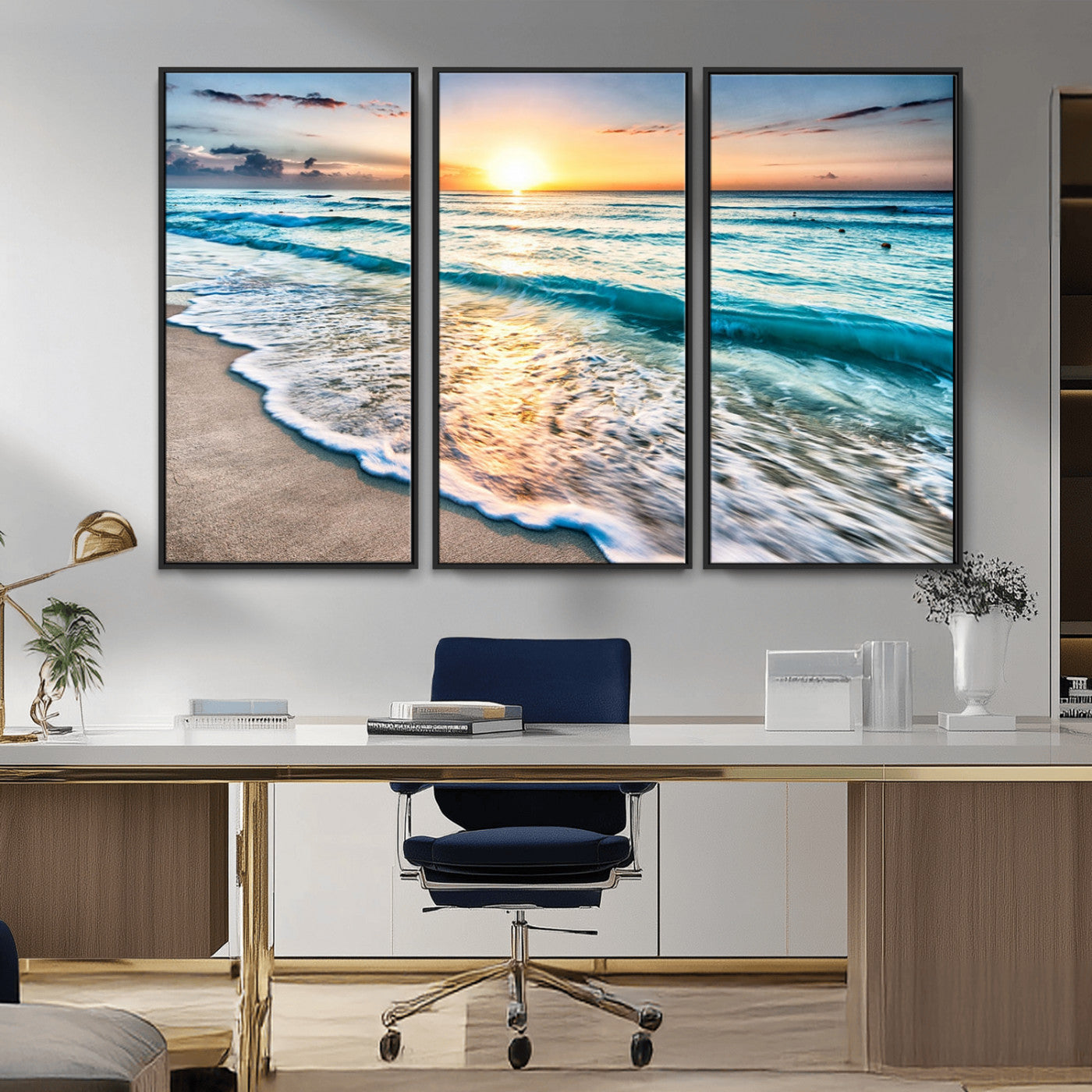 27815-MGV-CV-36X24-Ocean Sunrise Beach Wall Art – Serene Coastal Canvas Print with Waves and Golden Morning Light, Relaxing Seascape Decor for