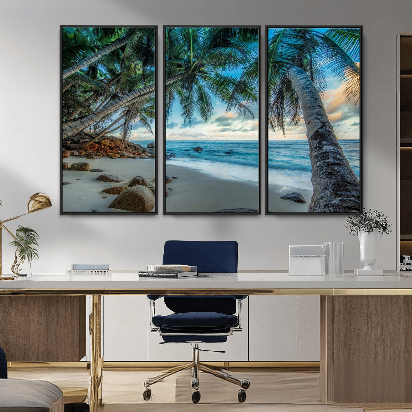 39679-MGV-CV-36X24-Tropical Palm Beach Wall Art – Serene Ocean Canvas Print with Palm Trees and Rocks, Coastal Paradise Decor for Living Room or