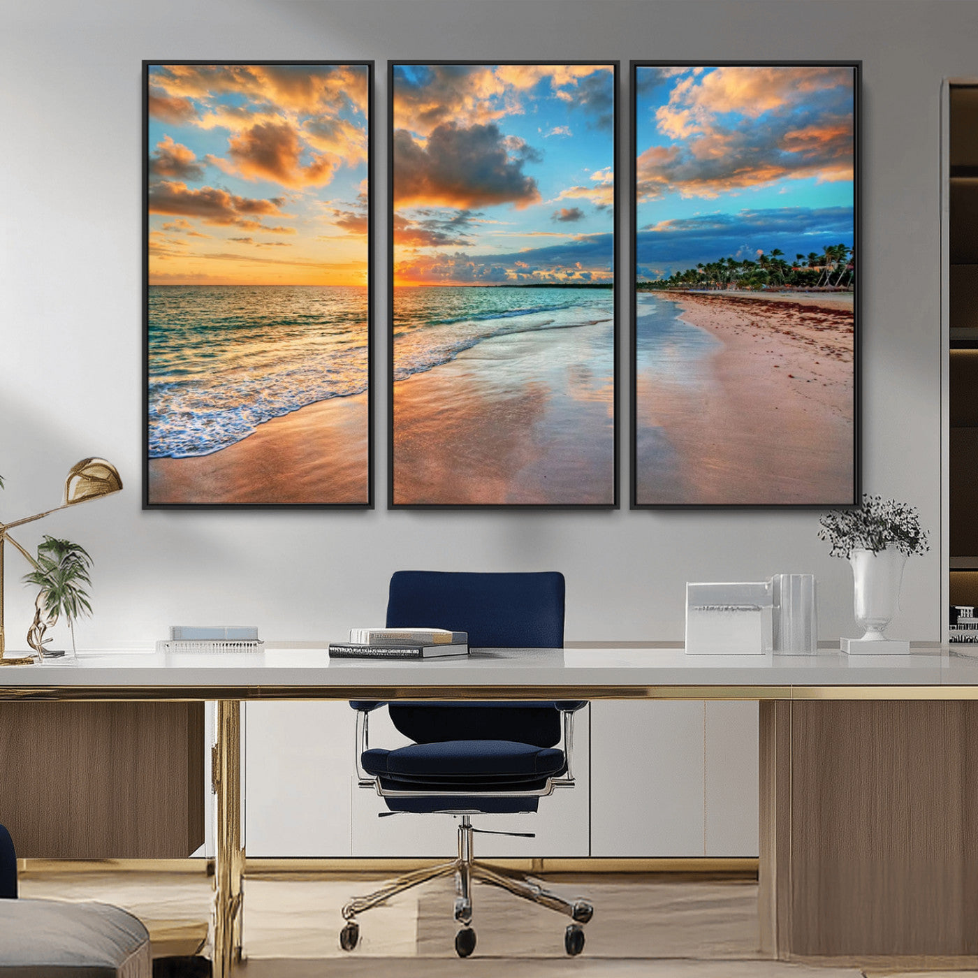 41572-MGV-CV-36X24-Sunset Beach Wall Art – Ocean Waves and Palm Trees Canvas Print, Tropical Coastal Sunset Seascape Decor for Living Room, Bedroom