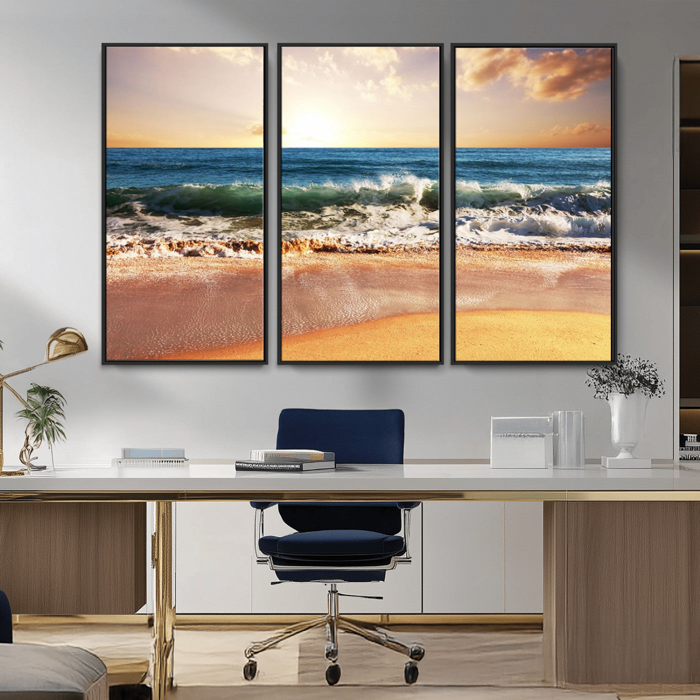 79005-MGV-CV-36X24-Golden Sunrise Ocean Waves Wall Art – Panoramic Seashore Canvas Print, Calming Coastal Decor for Home, Office or Relaxation Space