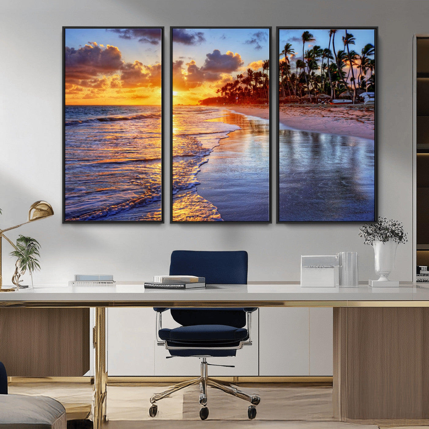 19917-MGV-CV-36X24-Tropical Sunset Beach Wall Art – Panoramic Palm Trees and Ocean Canvas Print, Vibrant Coastal Decor for Living Room, Office or Man