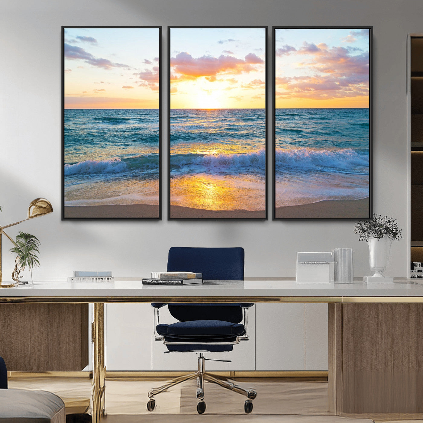 78006-MGV-CV-36X24-Golden Sunrise Ocean Wall Art – Panoramic Beach Waves Canvas Print, Coastal Seascape Artwork for Living Room, Bedroom, Office, or